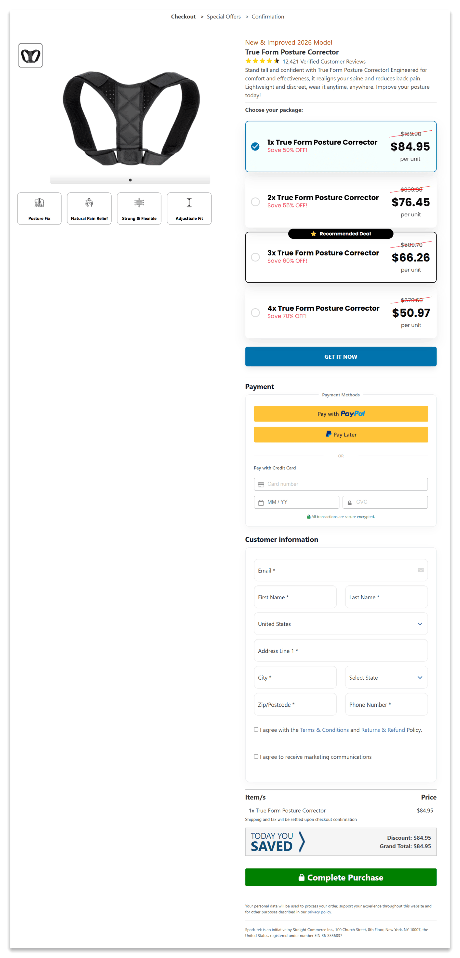 True Form Posture Corrector checkout page